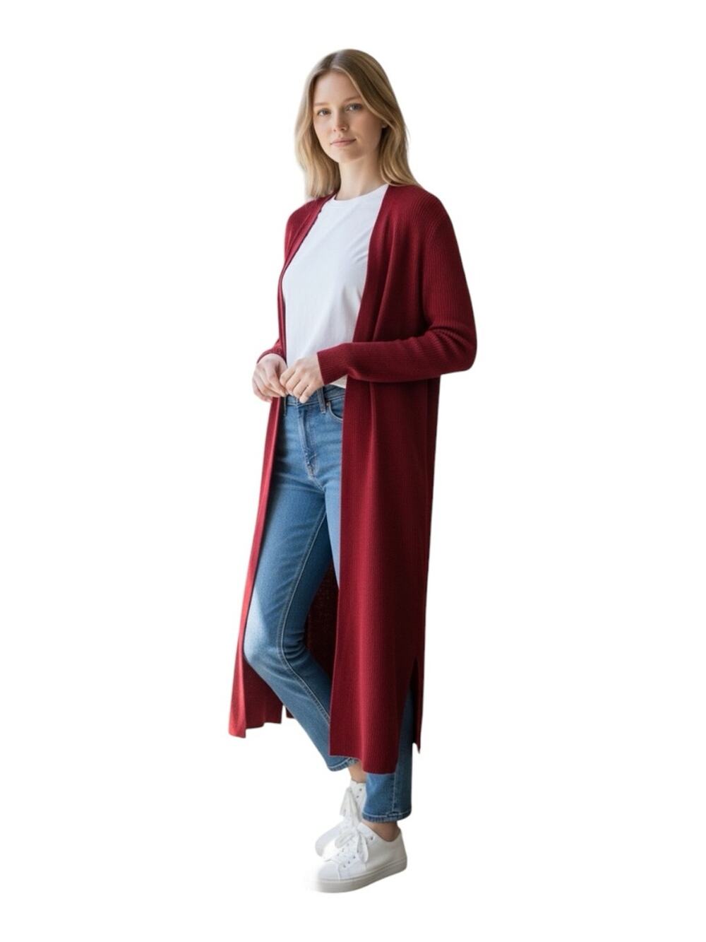 Chico's Long Sweater Open-Front Burgundy Cardigan Size M (Chicos Size 1) Classic